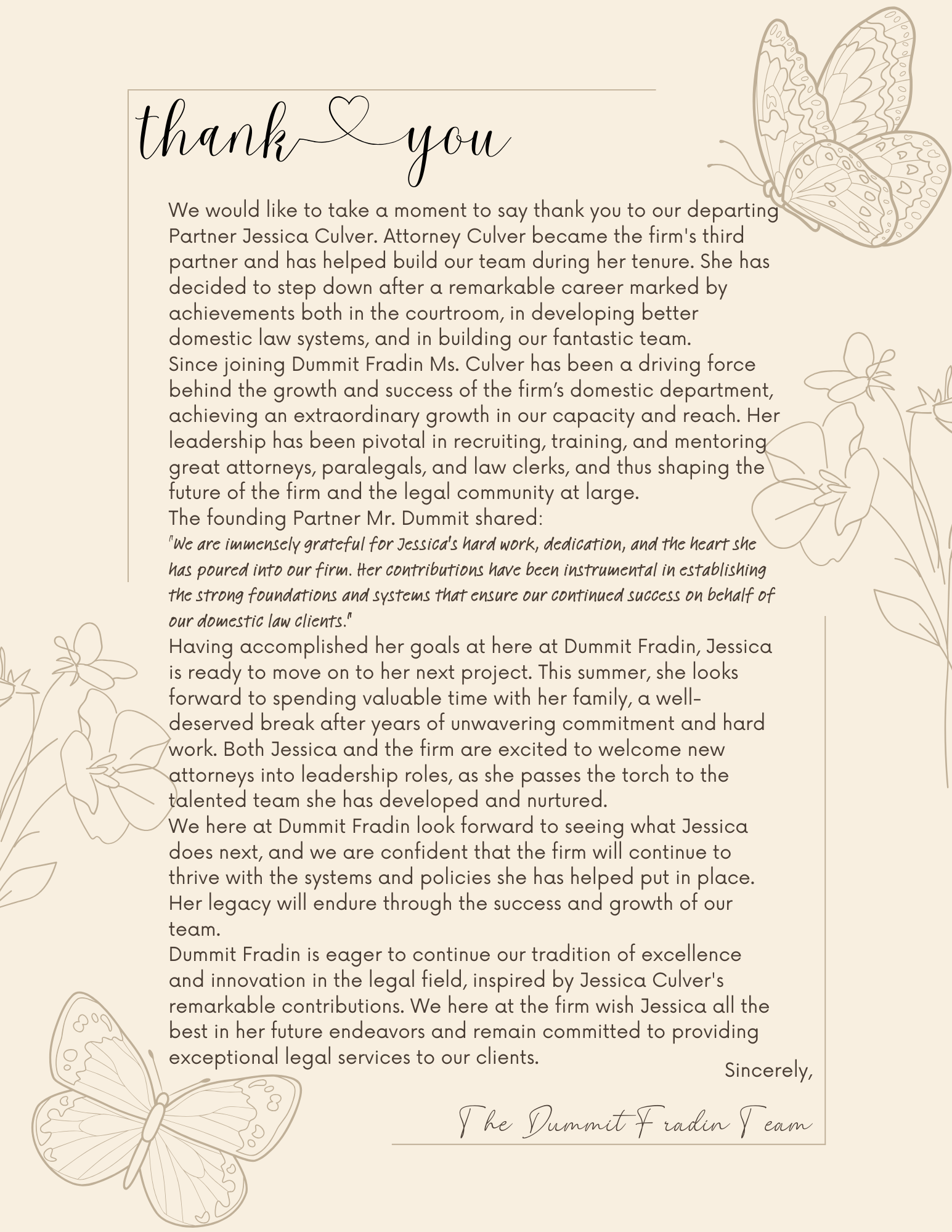 Letter of Gratitude for departing partner Jessica Culver